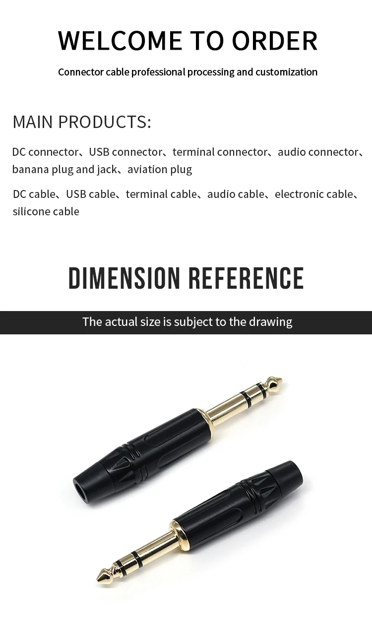 Good Quality Audio Connectors 6.35mm 1/4" TRS Male Plug Straight Cable Connectors Gold Plated Microphone Connectors Audio Plugs