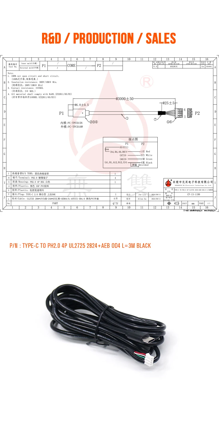 Fast Charging USB C to PH2.0 Terminal Connectors Wire HarnessTipo C Cable Wire With PVC Jacket for Printer Mobile Devices