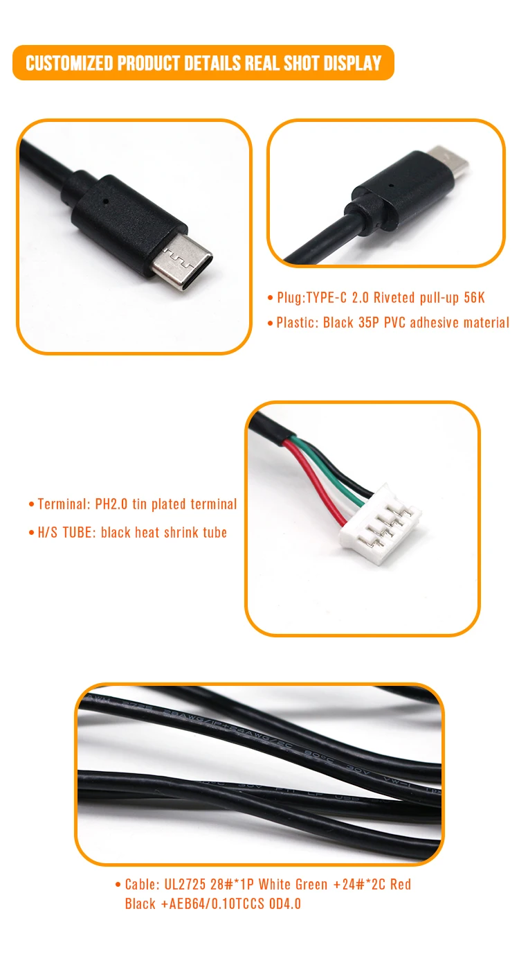 Fast Charging USB C to PH2.0 Terminal Connectors Wire HarnessTipo C Cable Wire With PVC Jacket for Printer Mobile Devices