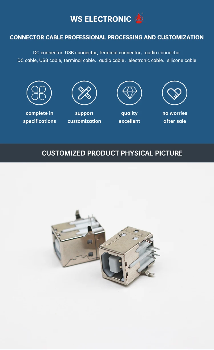 Factory Direct Sale USB BF 90 Degree Jack DIP Horizontal THR USB 2.0 Type B Female Socket Connectors USB B Female Sockets
