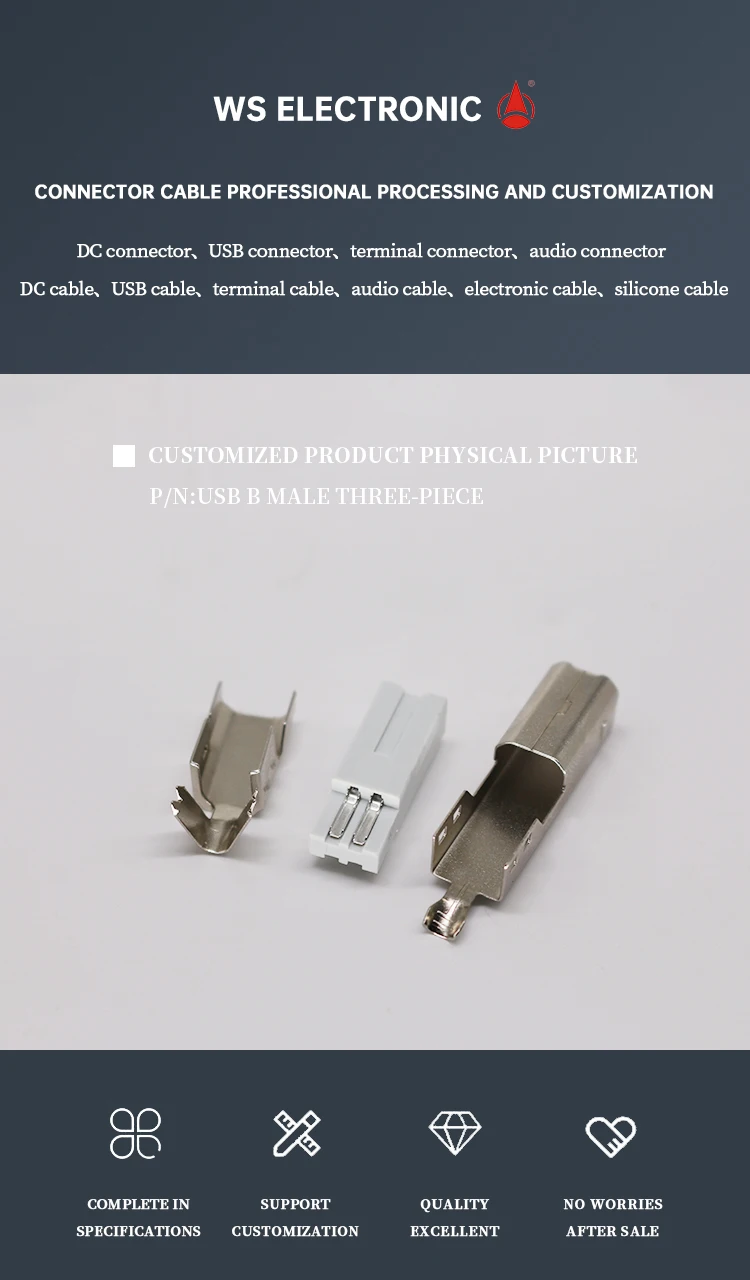 Good Quality USB B Male Plugs 3pcs Set Data Transmission Charging USB 2.0 Male Plugs Assembly USB Connectors for USB Cable