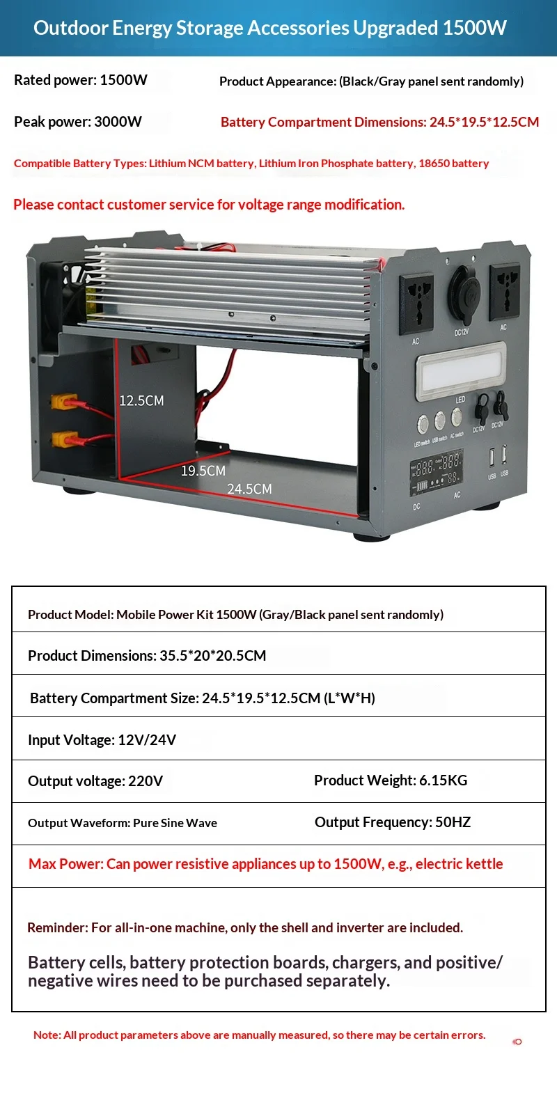 2500W Portable Power Station DIY Kit Pure Sine Wave Inverter 12V 24V to 220V Outdoor Energy Storage Case with Digital Display