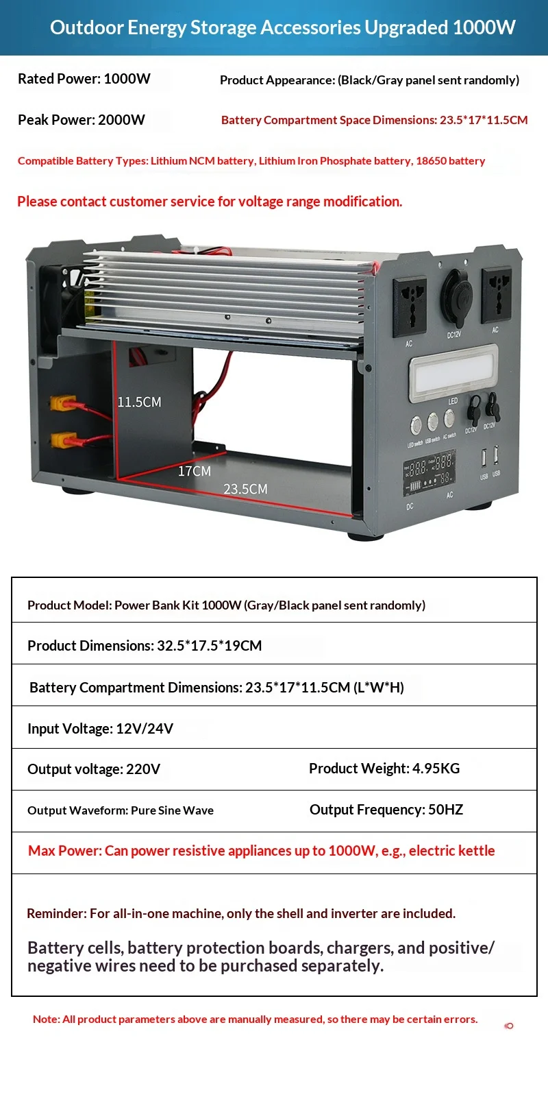 2500W Portable Power Station DIY Kit Pure Sine Wave Inverter 12V 24V to 220V Outdoor Energy Storage Case with Digital Display