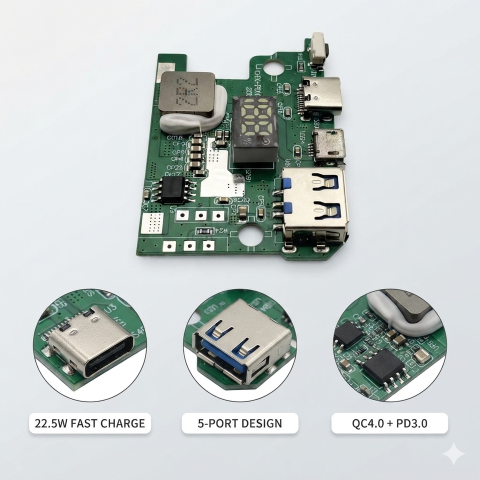 22.5W 5-Port Bidirectional Fast Charging Power Bank PCBA Module DIY Circuit Board QC4.0 PD3.0 Ultra Thin Card Type