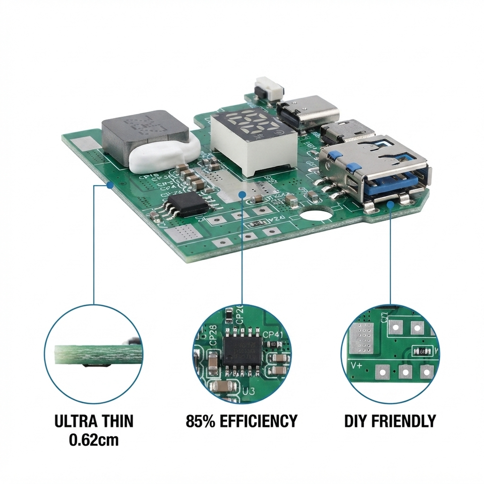 22.5W 5-Port Bidirectional Fast Charging Power Bank PCBA Module DIY Circuit Board QC4.0 PD3.0 Ultra Thin Card Type