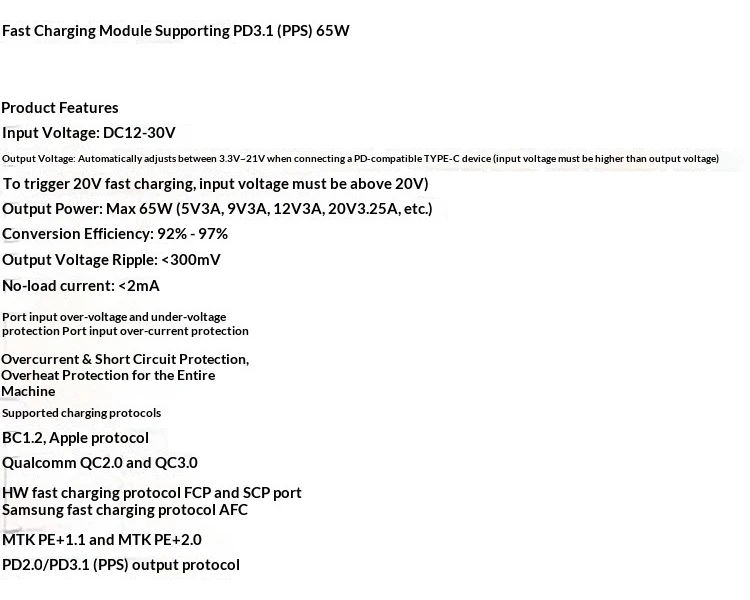 PD 65W Charging Module Type-C for Apple PD 3.1 PPS QC 3.0 Huawei SCP Multi-Interface DC5521 DC5525 Standard Mini PD PCBA Unit