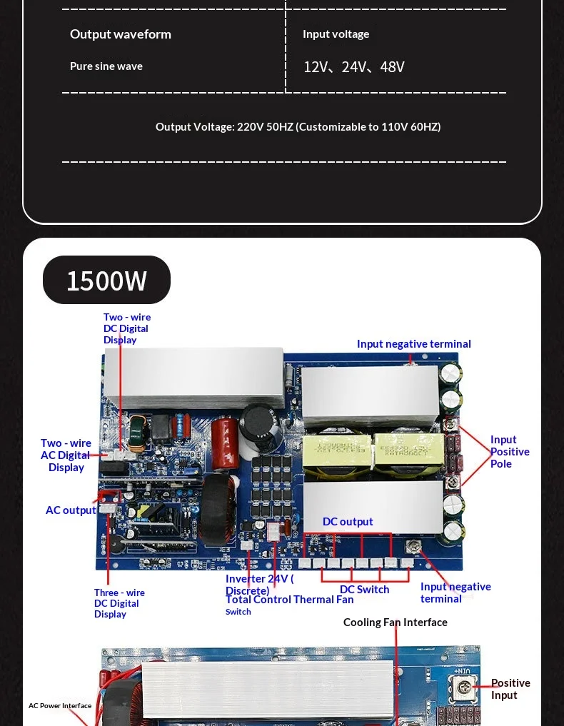 Pure Sine Wave Inverter Main Board 12V 24V 48V to AC 220V High Efficiency 90% for DIY Portable Power Station Solar Camping Drive