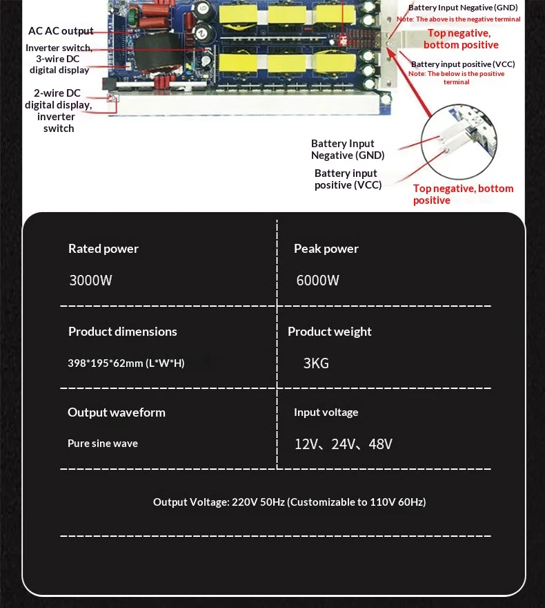 Pure Sine Wave Inverter Main Board 12V 24V 48V to AC 220V High Efficiency 90% for DIY Portable Power Station Solar Camping Drive