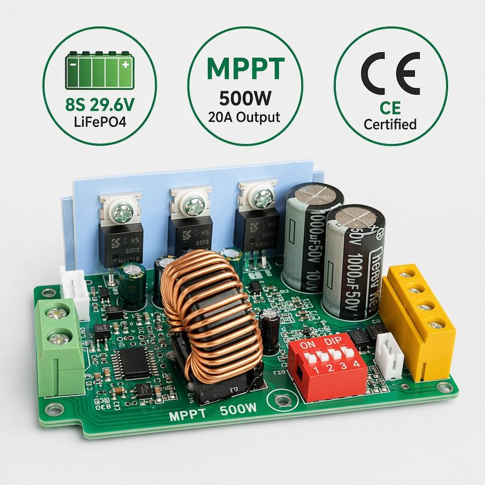 500W MPPT Solar Charge Controller Module 20A 12V 24V 48V Smart PV Charging PCBA for 8S LiFePO4 Battery Off-Grid Power System