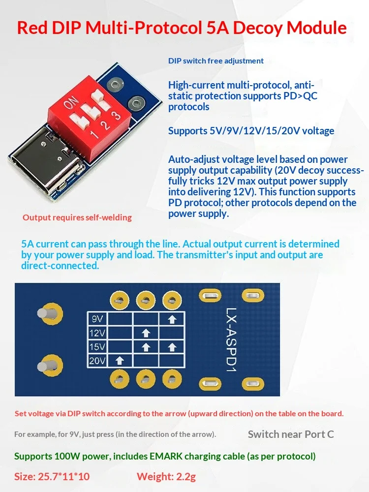 5A Multi-Protocol PD QC Fast Charge Trigger Module DC 5V-20V Adjustable Voltage Sink PCBA for LED Power Supply Stability Test