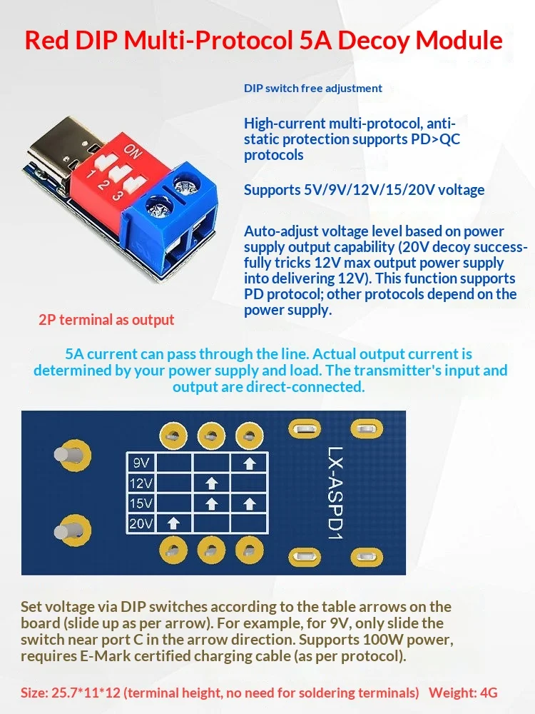 5A Multi-Protocol PD QC Fast Charge Trigger Module DC 5V-20V Adjustable Voltage Sink PCBA for LED Power Supply Stability Test