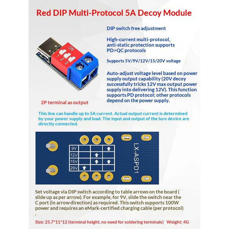 5A Multi-Protocol PD QC Fast Charge Trigger Module DC 5V-20V Adjustable Voltage Sink PCBA for LED Power Supply Stability Test