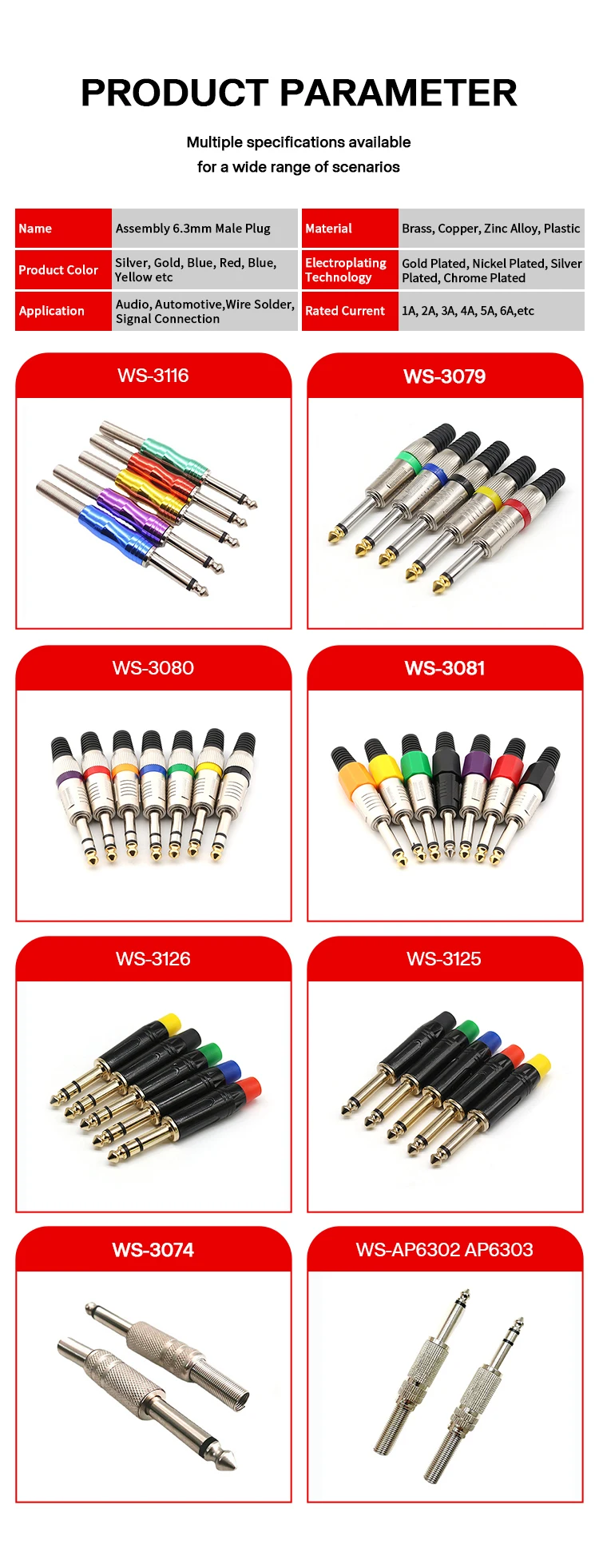Factory Hot Sale Nickel-Plated Knurled Headset 6.35mm Small Two-Core Plugs 6.3mm Mono Audio Cable Connectors for Amplifier Cable